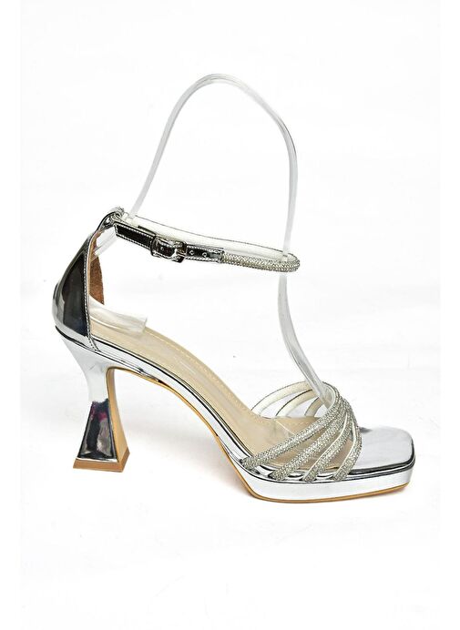 S569314634 Gümüş Ayna Kalın Topuklu Kadın Abiye Ayakkabı - Görsel 7