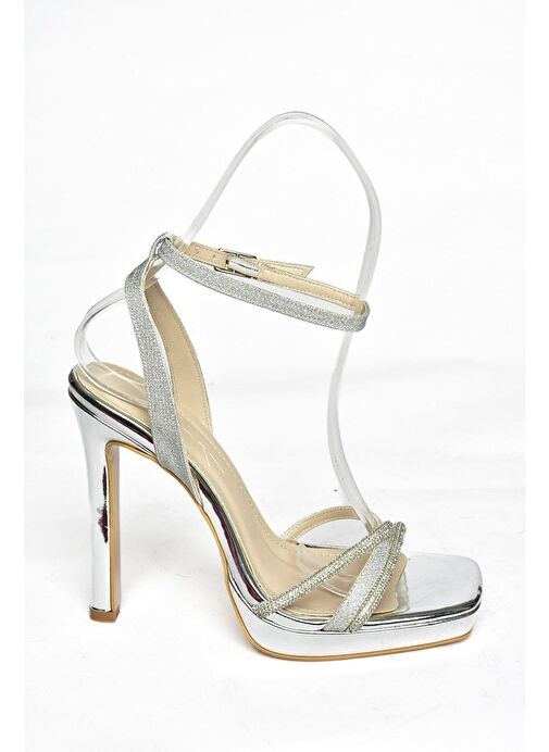 S569612514 Gümüş Sim Yüksek Topuklu Kadın Abiye Ayakkabı - Görsel 7
