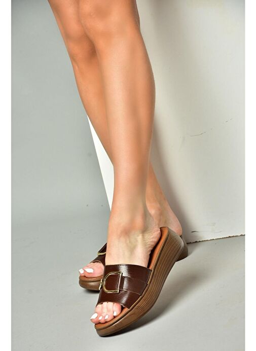 P291049403 Kahverengi Hakiki Deri Yüksek Tabanlı Günlük Kadın Terlik - Görsel 2