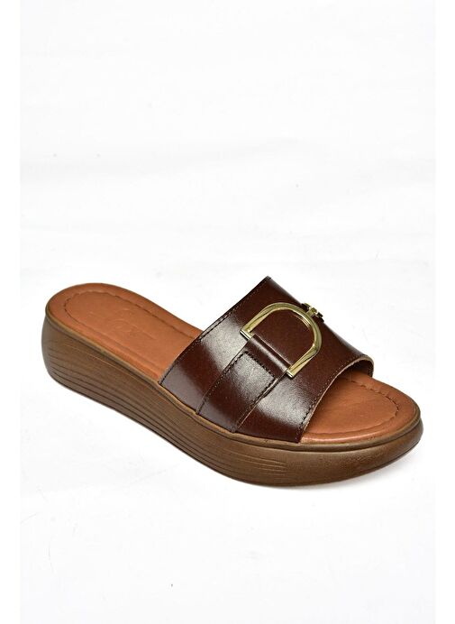 P291049403 Kahverengi Hakiki Deri Yüksek Tabanlı Günlük Kadın Terlik - Görsel 5