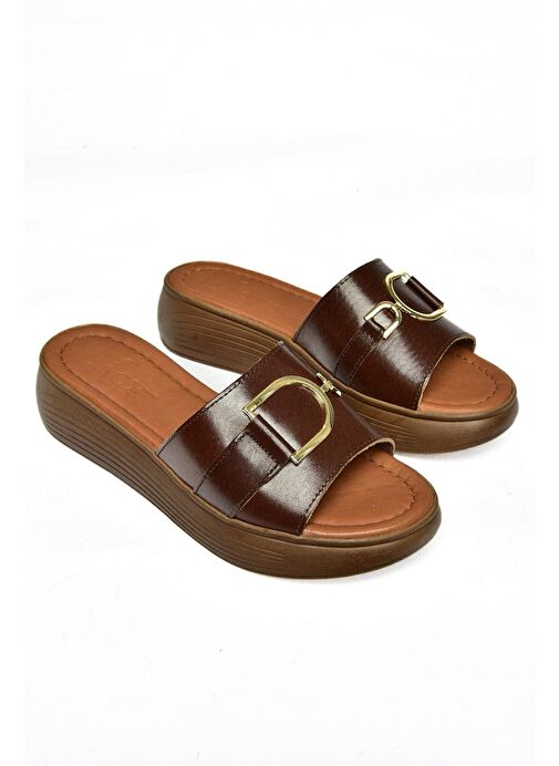 P291049403 Kahverengi Hakiki Deri Yüksek Tabanlı Günlük Kadın Terlik - Görsel 6