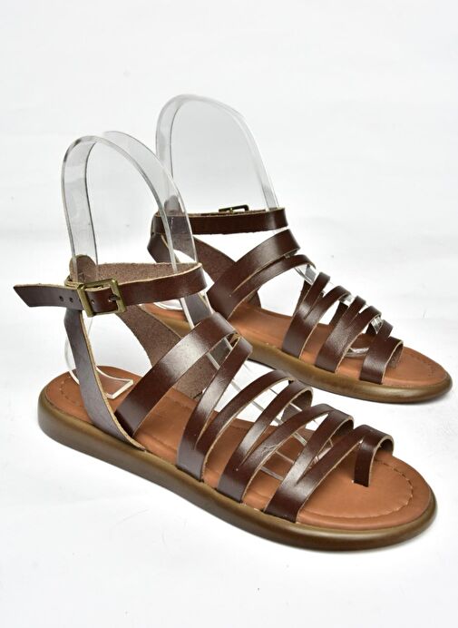 S291016103 Kahverengi Hakiki Deri Kadın Sandalet - Görsel 8