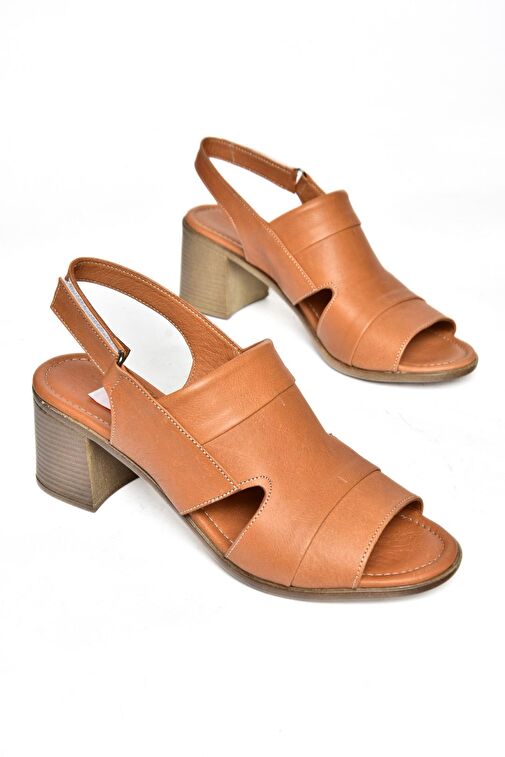 P555452303 Taba Hakiki Deri Kalın Topuklu Kadın Sandalet - Görsel 6