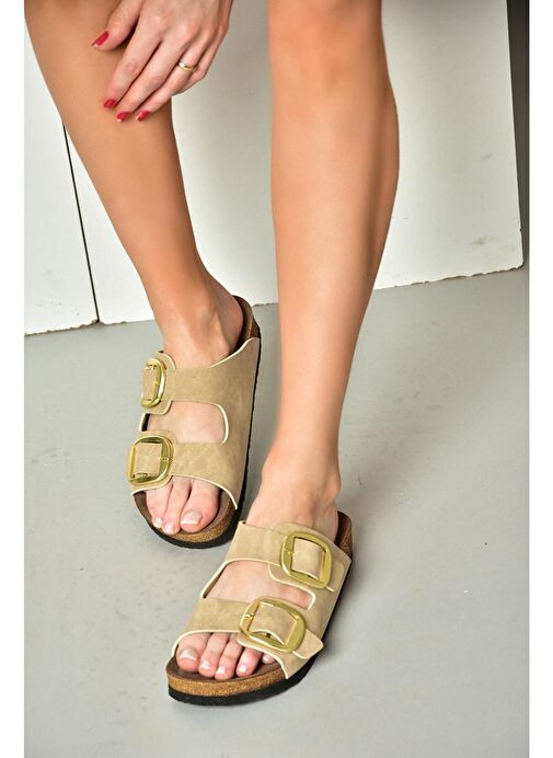 P777517402 Bej Süet Çift Bantlı Kadın Terlik - Görsel 2