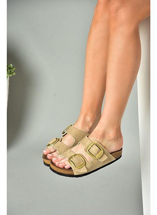 P777517402 Bej Süet Çift Bantlı Kadın Terlik - Görsel 3