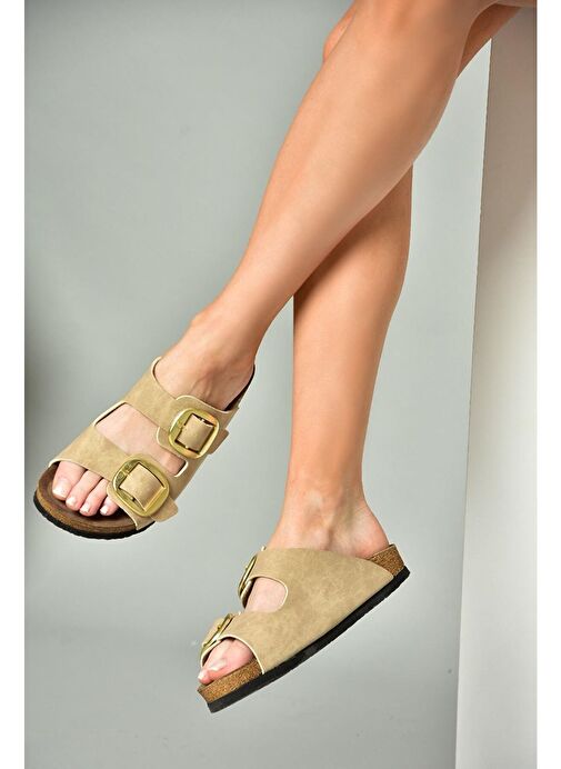 P777517402 Bej Süet Çift Bantlı Kadın Terlik - Görsel 5