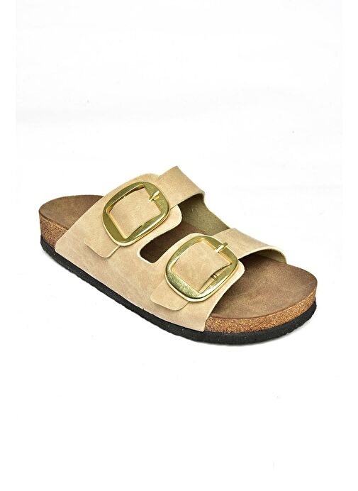 P777517402 Bej Süet Çift Bantlı Kadın Terlik - Görsel 6