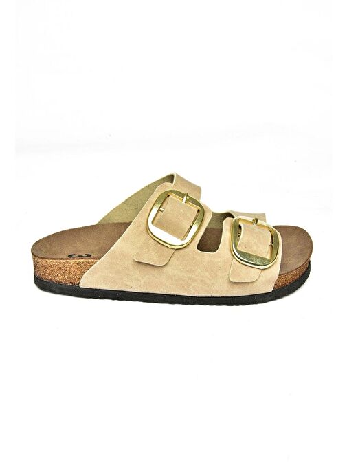 P777517402 Bej Süet Çift Bantlı Kadın Terlik - Görsel 7