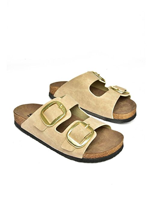 P777517402 Bej Süet Çift Bantlı Kadın Terlik - Görsel 8