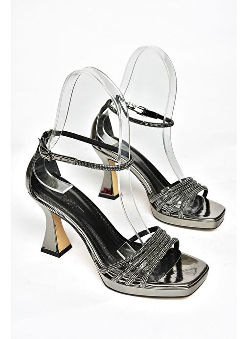 S569314634 Platin Ayna Kalın Topuklu Kadın Abiye Ayakkabı - Görsel 5
