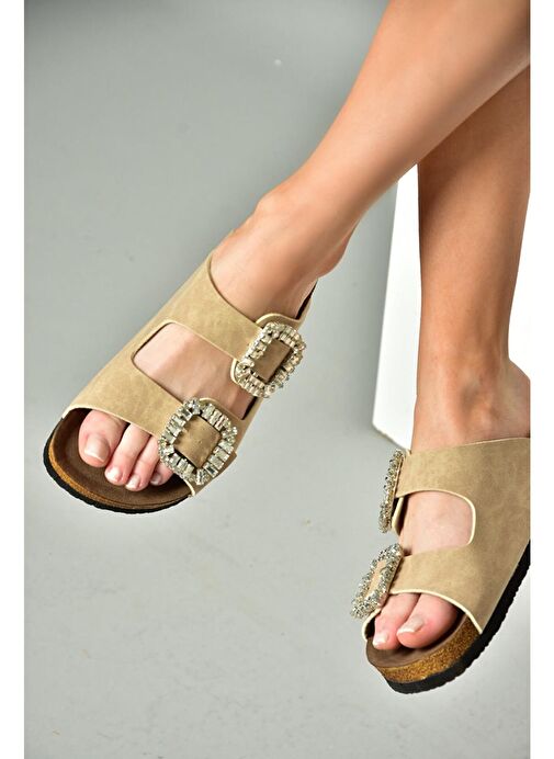 K777604802 Bej Çift Tokalı Taşlı Kadın Terlik - Görsel 6