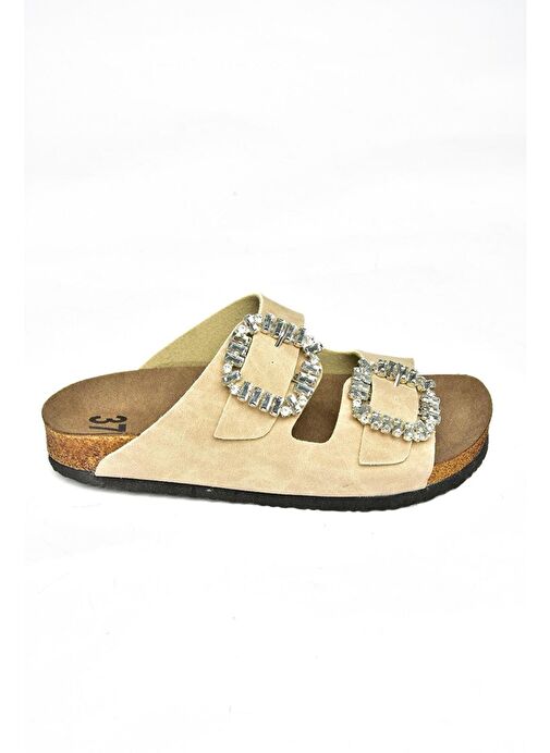 K777604802 Bej Çift Tokalı Taşlı Kadın Terlik - Görsel 8