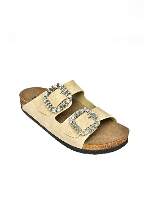 K777604802 Bej Çift Tokalı Taşlı Kadın Terlik - Görsel 9