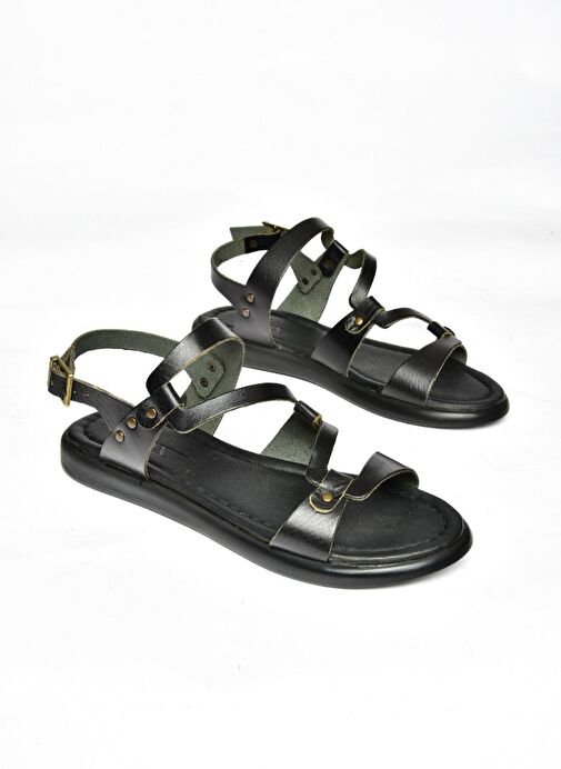 S291018403 Siyah Hakiki Deri Kadın Sandalet - Görsel 8