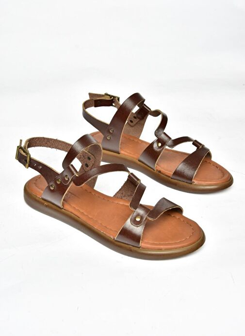 S291018403 Kahverengi Hakiki Deri Kadın Sandalet - Görsel 9