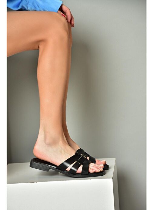 S291045603 Siyah Hakiki Deri Kadın Terlik - Görsel 3