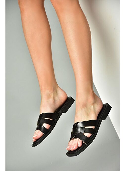 S291045603 Siyah Hakiki Deri Kadın Terlik - Görsel 4