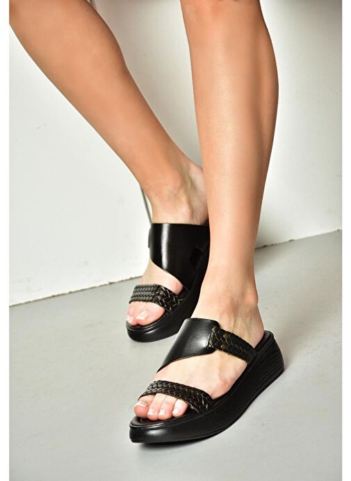 S291059703 Siyah Hakiki Deri Kalın Tabanlı Kadın Terlik - Görsel 2