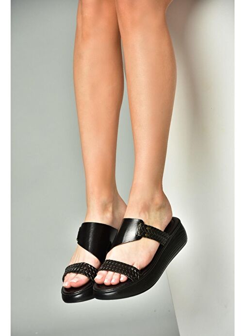 S291059703 Siyah Hakiki Deri Kalın Tabanlı Kadın Terlik - Görsel 3