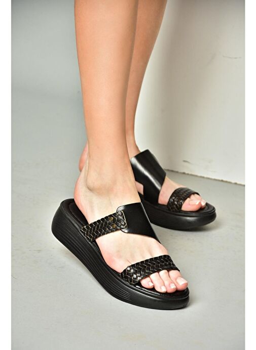 S291059703 Siyah Hakiki Deri Kalın Tabanlı Kadın Terlik - Görsel 4