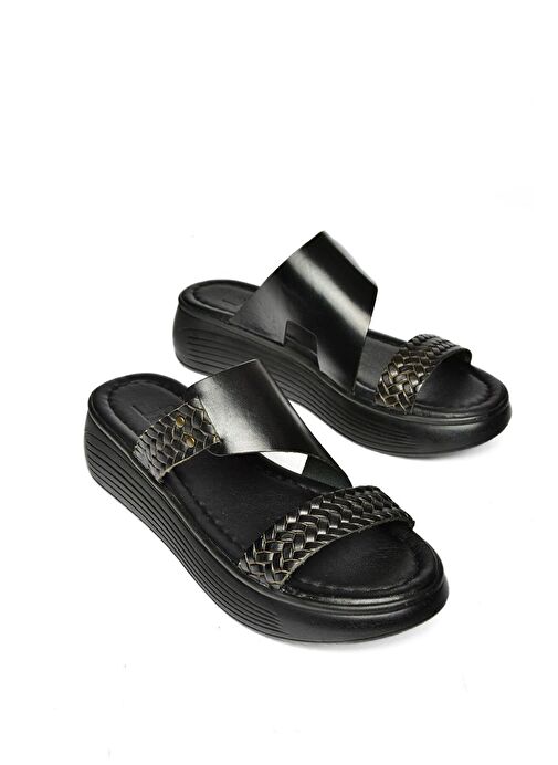 S291059703 Siyah Hakiki Deri Kalın Tabanlı Kadın Terlik - Görsel 7