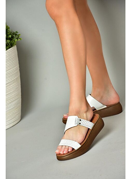 S291059703 Beyaz Hakiki Deri Kalın Tabanlı Kadın Terlik - Görsel 3