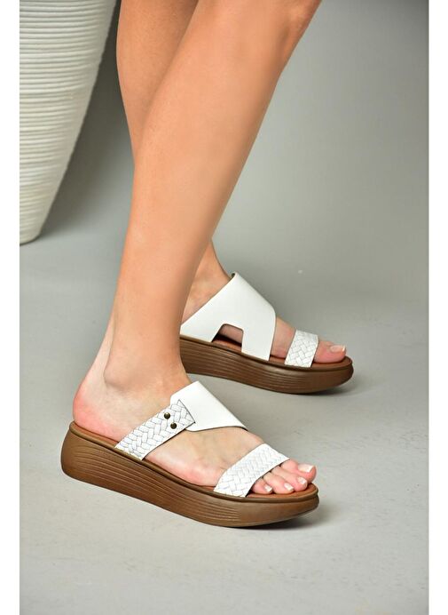 S291059703 Beyaz Hakiki Deri Kalın Tabanlı Kadın Terlik - Görsel 5