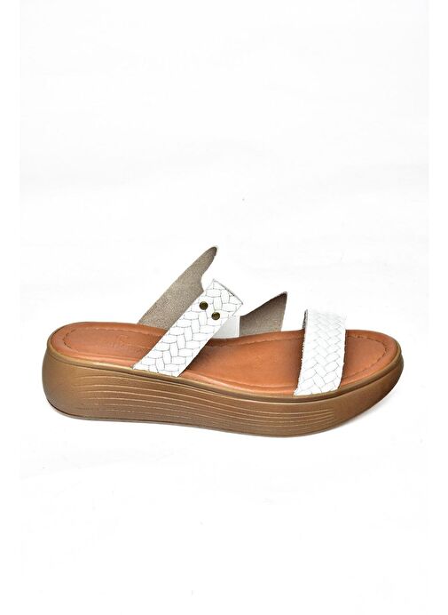 S291059703 Beyaz Hakiki Deri Kalın Tabanlı Kadın Terlik - Görsel 6