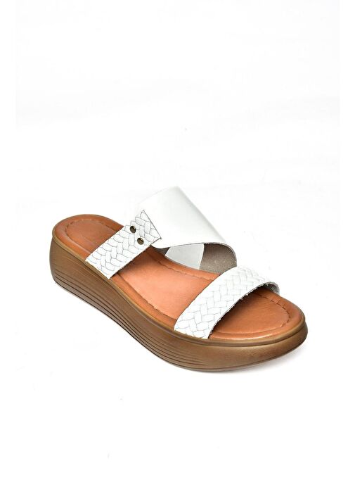 S291059703 Beyaz Hakiki Deri Kalın Tabanlı Kadın Terlik - Görsel 7
