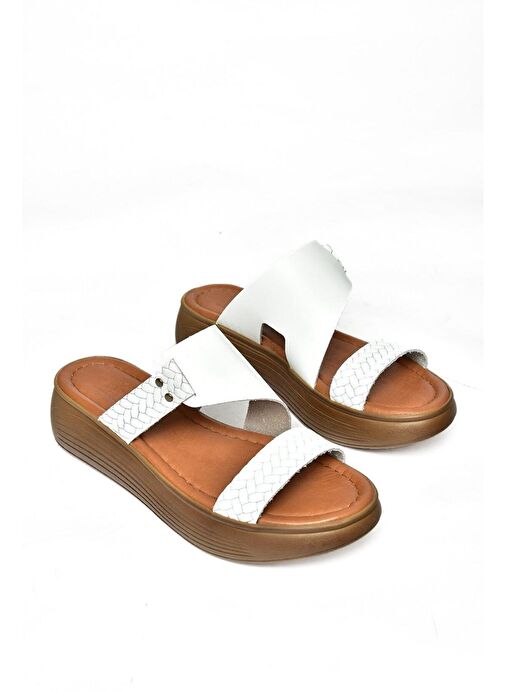 S291059703 Beyaz Hakiki Deri Kalın Tabanlı Kadın Terlik - Görsel 8