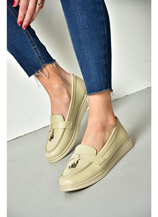 P555014103 Bej Hakiki Deri Kadın Ayakkabı - Görsel 2