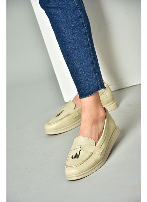 P555014103 Bej Hakiki Deri Kadın Ayakkabı - Görsel 3