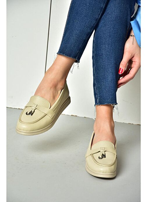 P555014103 Bej Hakiki Deri Kadın Ayakkabı - Görsel 4