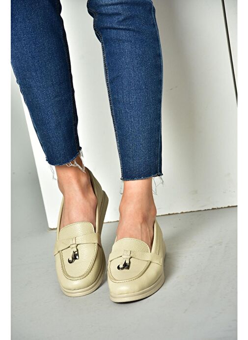 P555014103 Bej Hakiki Deri Kadın Ayakkabı - Görsel 5