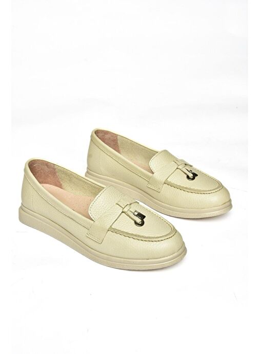 P555014103 Bej Hakiki Deri Kadın Ayakkabı - Görsel 8