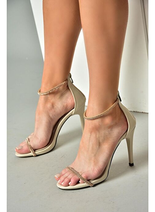 M251800009 Bej/Bronz Tek Bant Taşlı Kadın Abiye Ayakkabı - Görsel 2