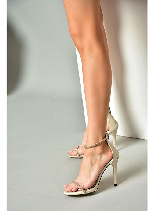 M251800009 Bej/Bronz Tek Bant Taşlı Kadın Abiye Ayakkabı - Görsel 4