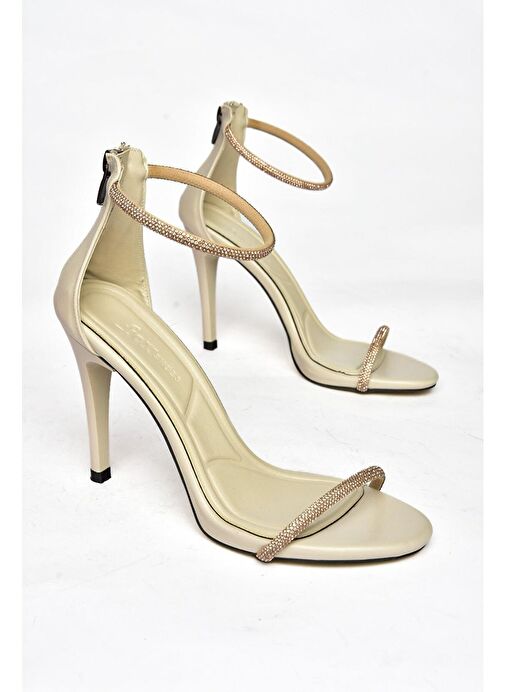 M251800009 Bej/Bronz Tek Bant Taşlı Kadın Abiye Ayakkabı - Görsel 6