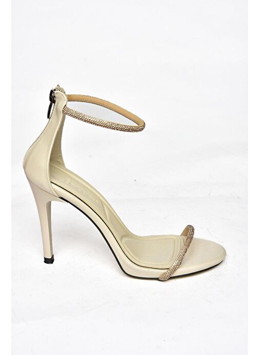 M251800009 Bej/Bronz Tek Bant Taşlı Kadın Abiye Ayakkabı - Görsel 7