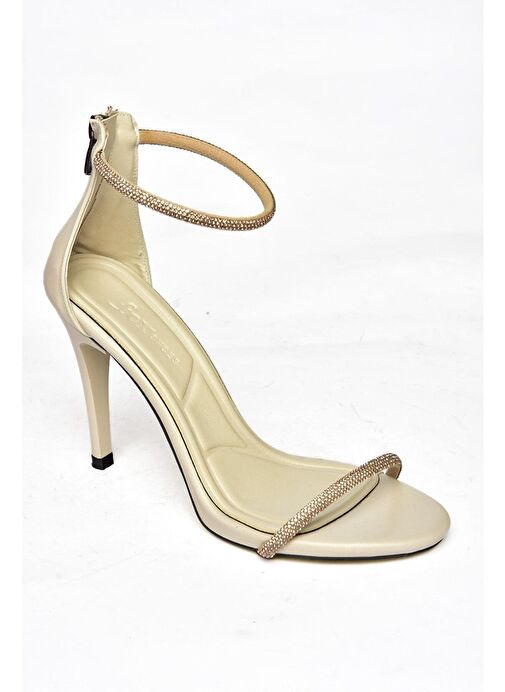 M251800009 Bej/Bronz Tek Bant Taşlı Kadın Abiye Ayakkabı - Görsel 8