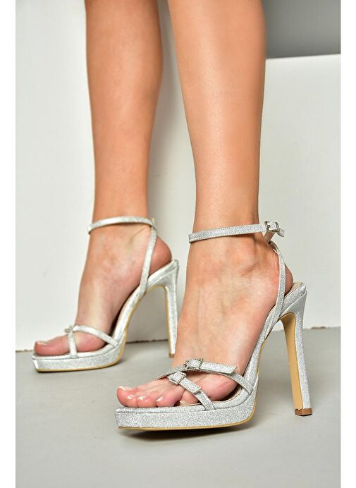 S569616114 Gümüş Sim Yüksek Topuklu Kadın Ayakkabı - Görsel 2