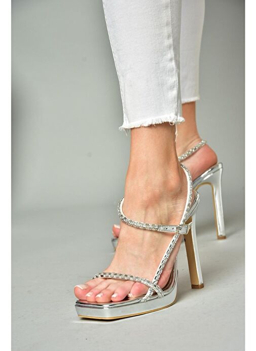 S569616234 Gümüş Ayna Yüksek Topuklu Abiye Ayakkabı - Görsel 2