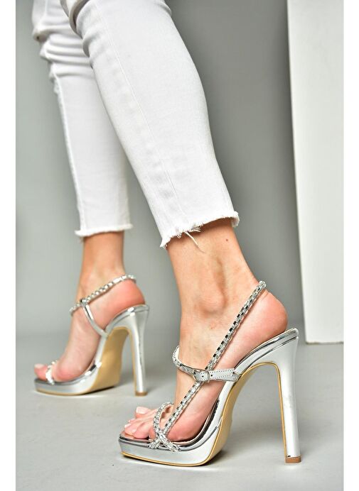 S569616234 Gümüş Ayna Yüksek Topuklu Abiye Ayakkabı - Görsel 4