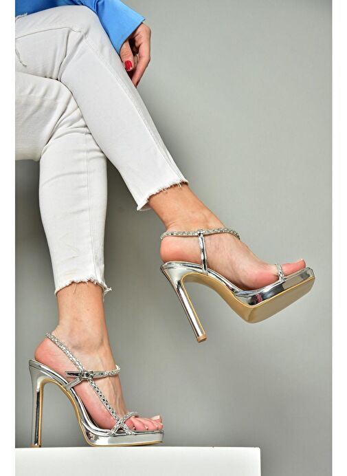 S569616234 Gümüş Ayna Yüksek Topuklu Abiye Ayakkabı - Görsel 6