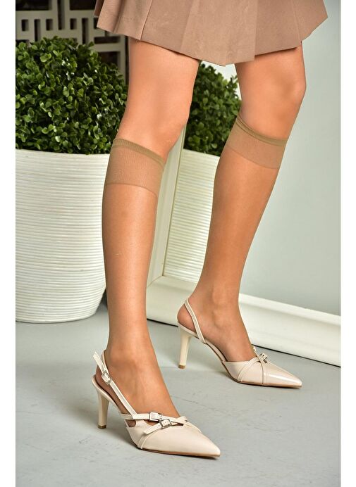 S654071908 Bej Rugan Kısa Topuklu Kadın Ayakkabı - Görsel 3