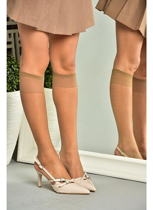 S654071908 Bej Rugan Kısa Topuklu Kadın Ayakkabı - Görsel 4