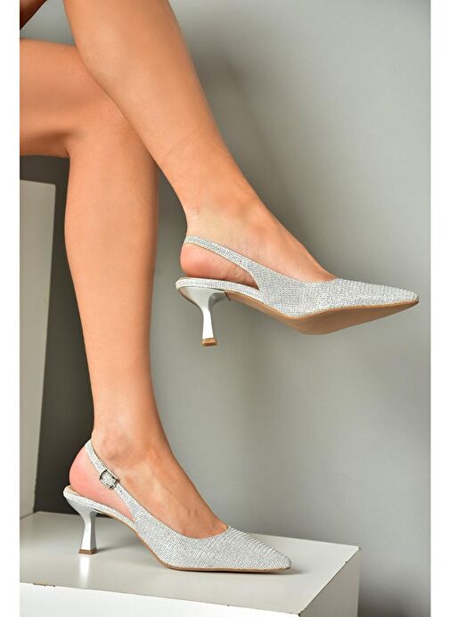 S518081714 Gümüş Sim Alçak Topuklu Kadın Ayakkabı - Görsel 5