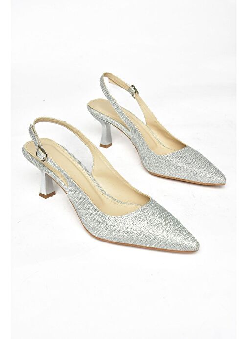 S518081714 Gümüş Sim Alçak Topuklu Kadın Ayakkabı - Görsel 8
