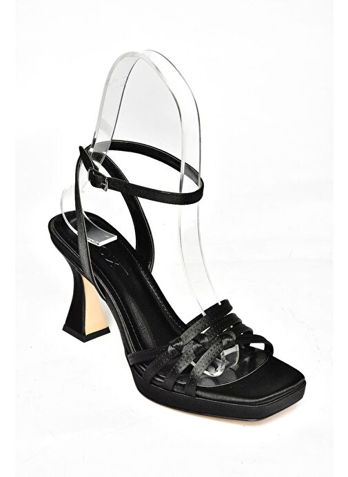 S569315704 Siyah Saten Kumaş Kalın Topuklu Abiye Ayakkabı - Görsel 9