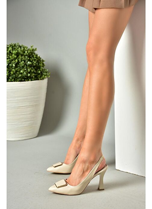 P250148209 Bej Tokalı Kalın Topuklu Kadın Ayakkabı - Görsel 2